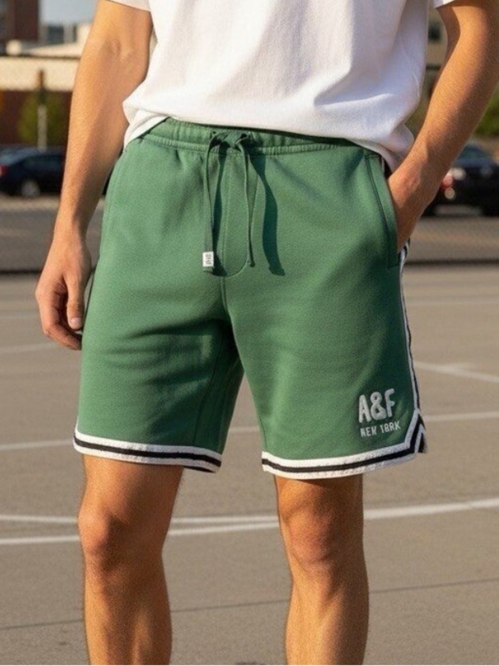 Y2K Abercrombie Fitch Mens Small Green Logo Fleece Active Long Sweat Shorts